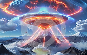 Alien UFO saucer flying over Mount Fuji,Alien invasion of Earth