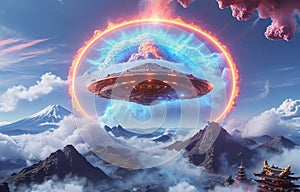 Alien UFO saucer flying over Mount Fuji,Alien invasion of Earth