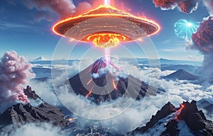 Alien UFO saucer flying over Mount Fuji,Alien invasion of Earth