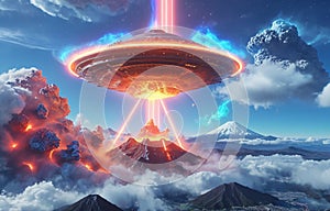 Alien UFO saucer flying over Mount Fuji,Alien invasion of Earth