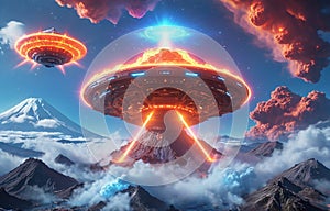 Alien UFO saucer flying over Mount Fuji,Alien invasion of Earth