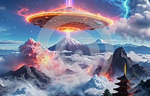 Alien UFO saucer flying over Mount Fuji,Alien invasion of Earth