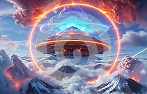 Alien UFO saucer flying over Mount Fuji,Alien invasion of Earth