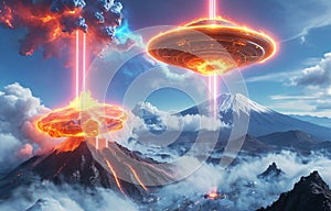 Alien UFO saucer flying over Mount Fuji,Alien invasion of Earth