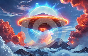 Alien UFO saucer flying over Mount Fuji,Alien invasion of Earth