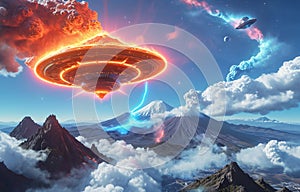 Alien UFO saucer flying over Mount Fuji,Alien invasion of Earth