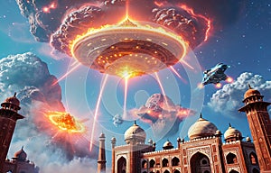 Alien UFO saucer flying over Taj Mahal, India daytime,Alien invasion of Earth