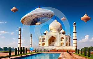 Alien UFO saucer flying over Taj Mahal, India daytime,Alien invasion of Earth