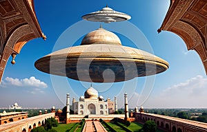 Alien UFO saucer flying over Taj Mahal, India daytime,Alien invasion of Earth