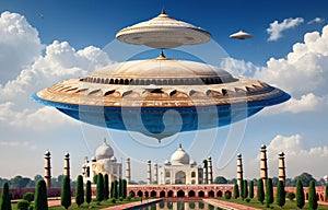 Alien UFO saucer flying over Taj Mahal, India daytime,Alien invasion of Earth