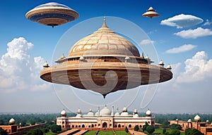 Alien UFO saucer flying over Taj Mahal, India daytime,Alien invasion of Earth