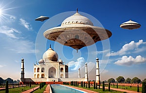 Alien UFO saucer flying over Taj Mahal, India daytime,Alien invasion of Earth