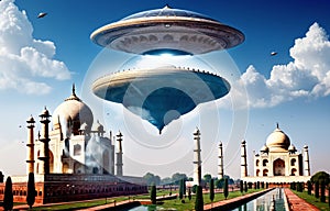 Alien UFO saucer flying over Taj Mahal, India daytime,Alien invasion of Earth