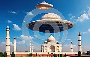 Alien UFO saucer flying over Taj Mahal, India daytime,Alien invasion of Earth