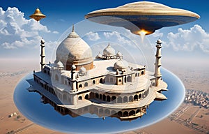 Alien UFO saucer flying over Taj Mahal, India daytime,Alien invasion of Earth