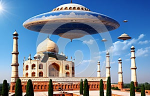 Alien UFO saucer flying over Taj Mahal, India daytime,Alien invasion of Earth