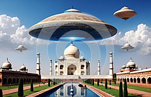 Alien UFO saucer flying over Taj Mahal, India daytime,Alien invasion of Earth