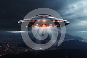 Alien ufo spaceship hovers above lively modern city center in an urban landscape