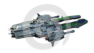 Alien UFO spaceship, spacecraft in flight isolated on white background, top view, 3D render