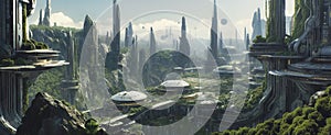 Alien Urban Vista: Extraterrestrial Cityscape in the Style of Iconic Sci-Fi Masters, Detailed Foliage and Floating Structures