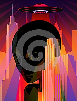 Alien visitor come to city, UFO, alien and cityscape. Vector image