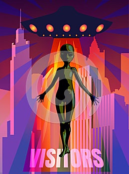 Alien visitors come to city, UFO, alien and cityscape. Vector image