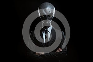 Alien wearing business suit on black background. Foreignness and uncertainty in business. Generative AI