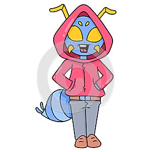 Alien is wearing a cool hoodie human shirt, doodle icon image kawaii
