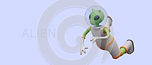 Alien in weightlessness. Green humanoid in spacesuit is floating. No graphitization