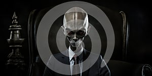 Alien in a white shirt, business suit looking at camera in the dark office. Generative AI