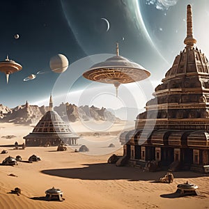 An alien world with desert, pyramids and planets.