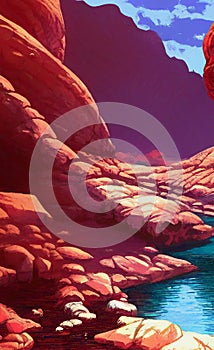 Alien world`s landscape with a lake in retro scifi style