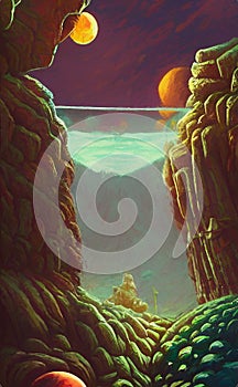 Alien world`s landscape in retro scifi style