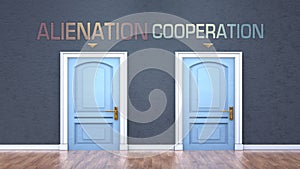 Alienation and cooperation as a choice - pictured as words Alienation, cooperation on doors to show that Alienation and