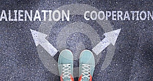 Alienation and cooperation as different choices in life - pictured as words Alienation, cooperation on a road to symbolize making