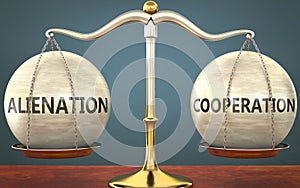 Alienation and cooperation staying in balance - pictured as a metal scale with weights and labels alienation and cooperation to