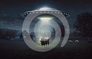 aliens abduct a cow on a farm at night