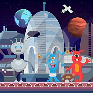 Aliens cartoon happy monsters at cosmoport spaceship vector illustration. Cute monstrous welcoming funny characters kids photo