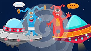 Aliens cartoon happy monsters flying in space in ships vector illustration. Cute monstrous characters in cosmos kids photo
