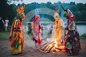 aliens dressed in colorful garments, dancing around bonfire at midsummer festival