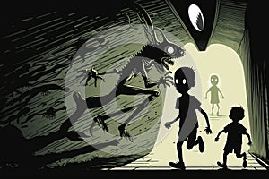 Aliens kidnap a children. Creepy picture of the monster. Generative AI