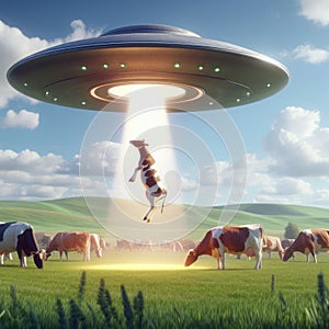 Aliens kidnap a cow from a field.