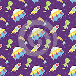 Aliens outer space flying saucer seamless pattern