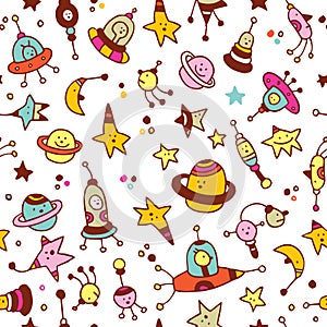 Aliens, planets, stars, space cosmos seamless pattern