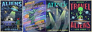 Aliens set colorful vintage posters