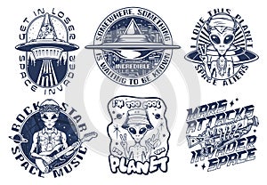 Aliens set stickers vintage monochrome