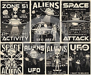 Aliens set vintage monochrome flyers