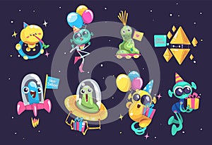 Aliens space party. Alien monster kid characters in extraterrestrial spaceship, cute ufo cool little silly crazy