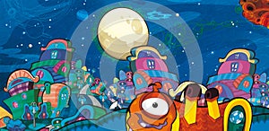 The aliens subject - ufo - star - kindergarten - menu - screen - space for text - happy and funny mood - illustration for the