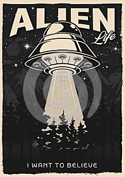 Aliens UFO flyer vintage monochrome